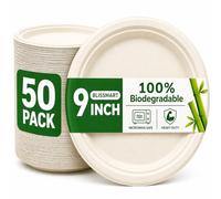BLISSMART Strong Paper Plates Disposable 50pk 9" Bagasse Heavy-Duty Disposable Plates for Parties Eco-Friendly Compostable Microwave-Safe Party Plates, Biodegradable Dinner Plates for Hot & Cold Food