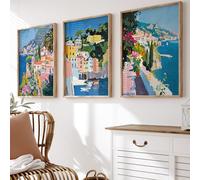 BlissPrintStudios Set of 3 Amalfi Coast Wall Art Prints, Colourful Italian Coastal Painting, Mediterranean Village Sea View Poster, Maximalist Gallery Wall