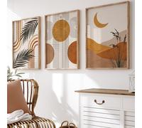 BlissPrintStudios Set of 3 Earth Tone Boho Wall Art Prints, Mid Century Modern Palm Leaf Moon Desert Decor, Mustard Terracotta Abstract Poster, Gallery Wall