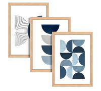 BlissPrintStudios Set of 3 Framed Blue Mid Century Wall Art, A3 Size, Light Oak Style Frame, Premium Matte Paper, Boho Prints