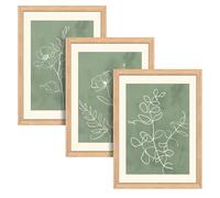 BlissPrintStudios Set of 3 Framed Sage Green Botanical Wall Art, A3 Size, Light Oak Frame, Premium Matte Paper, Botanical Prints