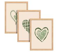 BlissPrintStudios Set of 3 Green Heart Prints, Oak Style Frames, A3 Wall Prints