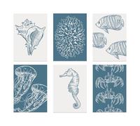 BlissPrintStudios Set of 6 Coastal Blue & White Marine Life Wall Art Prints - A3 Nautical Seahorse, Crab & Coral Gallery Wall Set - 250gsm Premium Paper - Unframed