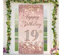 BlissYard 19th Birthday Door Cover 71x35 Inch Elegant Rose Gold Glitter Happy Birthday Banner for Girls Sparkling Diamond Number Nineteenth Milestone Celebration Party Photo Booth Prop Wall Decor