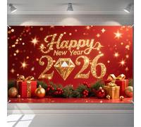 BlissYard 2026 Happy New Year Backdrop Gold Diamond Glitter Banner Red Background with Gift Boxes Party Decoration Photography Background 71x43 Inches New Year Eve Celebration Decor
