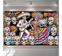 BlissYard 71x43 Inch Day of The Dead Banner Sugar Skull Couple Backdrop Dia de Los Muertos Wall Decor Skeleton Music Scene for Halloween Mexican Party Altar Display Indoor Outdoor Use