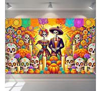 BlissYard 71x43 Inch Day of The Dead Wall Backdrop Halloween Sugar Skull Couple Banner Mexican Dia de Los Muertos Decor Skeleton Altar Background for Indoor Outdoor Celebration