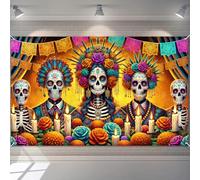 BlissYard 71x43 Inch Dia de Los Muertos Banner Dia de Los Muerto Backdrop with Sugar Skulls, Marigolds, Papel Picado, and Floral Design for Day of The Dead, Halloween, and Party Decorations