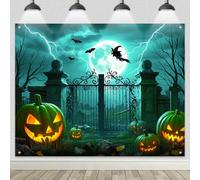 BlissYard 8x6ft Halloween Backdrop Banner Spooky Cemetery Gate Glowing Pumpkins Bats Scene Perfect for Horror Party Decor Photo Booth Background Indoor Outdoor Celebrations