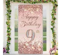 BlissYard 9th Birthday Door Cover 71x35 Inch Rose Gold Glitter Happy Birthday Banner Sparkling Diamond Number Ninth Milestone Decoration for Girls Celebration Party Photo Booth Prop Wall Decor