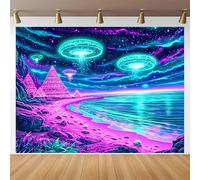 BlissYard Alien UFO Pyramid Blacklight Tapestry Glow In The Dark UV Reactive Wall Hanging With Neon Galaxy Ocean Poster Psychedelic Black Light Tapestries For Bedroom Party Decor 78x59 Inch