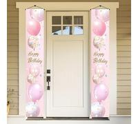 BlissYard Birthday Door Banner 12x72 Inch Pink Balloon Sign with Transparent Glitter Balloons Happy Birthday Letter Gold Sparkle Confetti for Front Porch Wall Indoor Outdoor Party Hanging Decoration