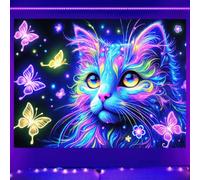BlissYard Blacklight Butterfly Cat Tapestry Moon Stars UV Reactive Galacy Space Wall Tapestry Aesthetic Neon Mysterious Starry Night Sky Wall Hanging for Bedroom 59" X 78" Black Light Decor for