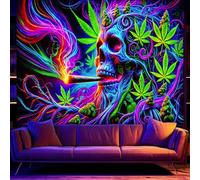 BlissYard Blacklight Cool Trippy Weed Marijuana Leaves Tapestry UV Reactive Skeleton Tapestry Smoking Skull Black Light Wall Tapestrys Neon Psychedelic Tie Dye Stoner Poster Tapestries 59X78 IN