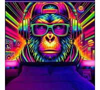 BlissYard Blacklight DJ Gorilla Music Trippy UV Reactive Neon Neon Wall Hanging Decorative Funny Monkey Black Animal Tapestry Decor Wall Blanket Decor for Living Room Boys Bedroom Home 51x78 Inches