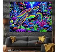 BlissYard Blacklight Ocean Turtle Tapestry UV Reactive Neon Sea Turtle Wall Tapestry Underwater Animal Seashell Coastal Nautical Trippy Marine Wildlife Tapestry for Living Bedroom 51" X 78"