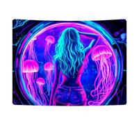 BlissYard Blacklight Reactive Space Jellyfish Tapestry Neon Glow Wall Hanging Psychedelic Sci-Fi Room Decor for Bedroom Living Room Party UV Reactive Trippy Artwork Modern Home Decoration 78x59 Inch