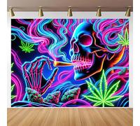 BlissYard Blacklight Tapestry 78x59 Inch Trippy Skeleton Smoking Wall Hanging Neon Weed Skull Tapestry Glow in the Dark UV Reactive Poster for Bedroom Dorm Party Decor Psychedelic Smoke Wall Art