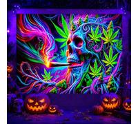 BlissYard Blacklight Tapestry Smoking Skull Neon Decor 59 x 78 Inch | Smoking Skull Neon Decor Cannabis Leaf UV Reactive Art for Bedroom Dorm Party Gothic Style