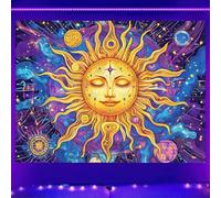 BlissYard Blacklight Tapestry UV Reactive Sun God Face Backdrop 80x60 Glow in the Dark Tapestry Sacred Photo Background Wall Hanging for Bedroom Living Room Backdrop Decor
