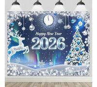 BlissYard Blue Happy New Year 2026 Backdrop Banner 8x6ft Glitter Snowflakes Reindeer Clock Design Winter Wonderland Party Decoration Photography Background for Indoor Outdoor Celebration