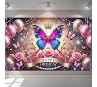BlissYard Butterfly Crown Birthday Banner 71x43 Inch Elegant Floral Party with Pink Balloons and Pearls for Home Party Atmosphere Photography Background Indoor and Outdoor Celebration Event Decoration