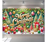 BlissYard Christmas Backdrop Banner Festive Green Tree Ornament Gift Box Holiday Party Wall Decor Photo Booth Background 71×43 Inch