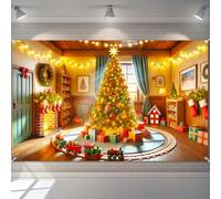 BlissYard Christmas Backdrop Banner Tree and Fireplace Cozy Living Room Scene with Stockings Garland Lights Gift Train Holiday Wall Decoration 71×43 Inch