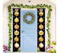 BlissYard Christmas Ball Door Banner 12x71 Inch Golden Ornament Door Cover with Bow Candles Black Background Xmas Hanging Sign for Indoor Outdoor Holiday Wall Decor
