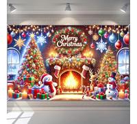 BlissYard Christmas Banner Fireplace Snowman Reindeer Christmas Tree Wreath Gift Boxes Stockings Snowflakes Ornaments Lights Scene 71x43 Inches Indoor Outdoor Holiday Party Decoration