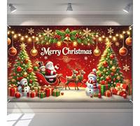 BlissYard Christmas Banner Santa Sleigh Reindeer Snowman Christmas Tree Presents 71x43 Inches Red Winter Wonderland Indoor Outdoor Photo Backdrop Decoration for Party Event Home Display