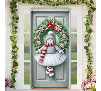 BlissYard Christmas Door Cover 35x71 Inch Cheerful Snowman Wreath Candy Cane Design Polyester Fabric Door Banner for Cozy Home Entryway Festive Holiday Decor Winter Wonderland Backdrop