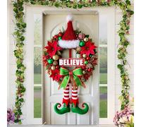 BlissYard Christmas Door Cover 35x71 Inch Elf Legs Wreath Believe Holiday Banner Festive Decor Polyester Fabric Door Banner for Joyful Home Entryway Seasonal Wonderland Display Decrations