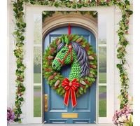 BlissYard Christmas Door Cover 35x71 Inch Festive Horse Head Wreath Pine Cones Berries Holiday Banner Polyester Fabric Door Banner for Unique Home Entryway Equestrian Theme Decor Backdrop