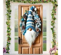 BlissYard Christmas Door Cover 35x71 Inch Gnome Holiday Front Door Decoration with Blue Knit Hat Wreath Snowflakes Pinecones Wooden Background Wall Hanging for Indoor Outdoor Entry Porch Scene