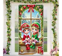 BlissYard Christmas Door Cover 35x71 Inch Sweet Elves Window Scene Design Polyester Fabric Door Banner for Cozy Home Entryway Winter Wonderland Holiday Decor Backdrop for Girls or Boys Gifts