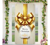 BlissYard Christmas Door Cover 71x35 Inch Holiday Front Porch Door Banners Decoration Gold Ribbon Bow with Bells and Merry Christmas Tag Elegant Gift for Sign Background Outdoor Winter Party Decor