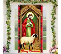 BlissYard Christmas Door Cover 71x35 Inch Holiday Front Porch Door Banners Decoration Nativity Scene with Jesus and Lamb in Manger with Red Plaid Border for Sign Background Indoor Outdoor Winter Decor