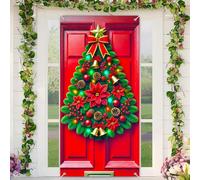 BlissYard Christmas Door Cover Christmas Tree Door Banner Merry Xmas Decor Backdrop 35x71 Inch Lighted Poinsettia Festive Holiday Porch Decor Winter Welcome Sign Banner