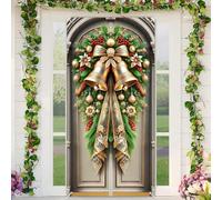 BlissYard Christmas Door Cover Decoration Golden Bell Wreath Ornate Bow 35x71 Inches Front Door Banner Xmas Hanging Decor for Home Holiday Christmas Photo Backdrop Winter Festival Supplies