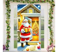 BlissYard Christmas Door Cover Decoration Santa Claus Gift Box Snowy Cottage Xmas Tree Lights 35x71 Inches Front Door Banner Xmas Hanging Decor for Home Holiday Christmas Decoration