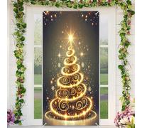 BlissYard Christmas Door Cover Golden Sparkle Christmas Tree Door Banner Merry Xmas Decor Backdrop 35x71 Inch Festive Ornate Ornament Holiday Porch Decor Winter Welcome Banner