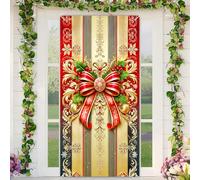 BlissYard Christmas Door Cover Luxury Bow Christmas Door Banner Merry Xmas Decor Backdrop 35x71 Inch Festive Gold Ornament Holiday Porch Decor Winter Welcome Banner Outdoor Decoration