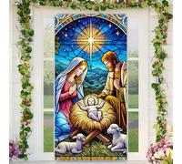 BlissYard Christmas Door Cover Photography Background Nativity Scene Stained Glass Jesus 35x71 Inch Holiday Winter Door Decor Banner for Home Outdoor Indoor Entryway Party Decoration Festive Prop