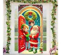 BlissYard Christmas Door Cover Photography Background Santa Elves Snowy Welcome 35x71 Inch Holiday Winter Door Decor Banner for Home Outdoor Indoor Entryway Party Decoration Festive Photo Prop