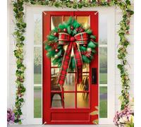 BlissYard Christmas Door Cover Plaid Bow Christmas Wreath Door Banner Merry Xmas Decor Backdrop 35x71 Inch Festive Ornate Ornament Holiday Porch Decor Winter Welcome Banner