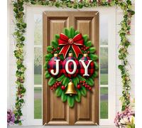 BlissYard Christmas Door Cover Plaid “JOY” Christmas Wreath Door Banner Merry Xmas Decor Backdrop 35x71 Inch Festive Buffalo Check Ornament Holiday Porch Decor Winter Welcome Banner