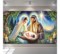 BlissYard Christmas Nativity Backdrop Holy Family Baby Jesus Manger Scene 71x43 Inch Photography Background Banner for Religious Holiday Decorations Home Event Church Decor Large Fabric Photo Prop