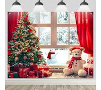 BlissYard Christmas Tree Backdrop Banner 8x6ft Box Teddy Bear Background Snowman Red Curtain Winter Wonderland Happy Christmas Party Decoration Indoor Outdoor Scene