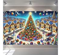 BlissYard Christmas Village Backdrop 70.9 x 43.3 Inch Winter Wonderland Tree and Snowy Houses Banner with Gifts, Snowman & Lights for Indoor Outdoor Holiday Party Photo Background